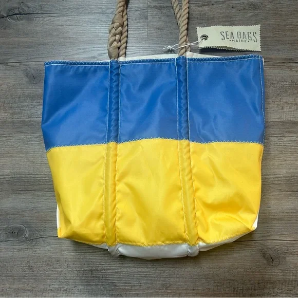 Sea Bags Maine Recycled Sails Tote yellow & blue rope handle large bag Handmade! - Picture 2 of 9
